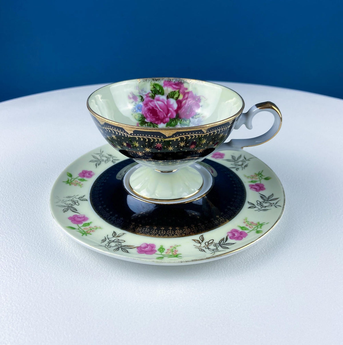 Antique Lefton Black and Gold Tea Cup and Saucer. Hand Painted Rose Motif. Dining Room Decor. Gift for Him or Her. Collectible Porcelain.