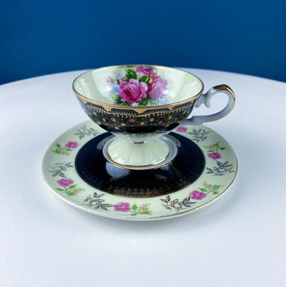 Antique Lefton Black and Gold Tea Cup and Saucer. Hand Painted Rose Motif. Dining Room Decor. Gift for Him or Her. Collectible Porcelain.