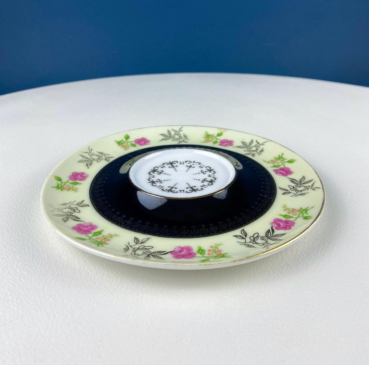 Antique Lefton Black and Gold Tea Cup and Saucer. Hand Painted Rose Motif. Dining Room Decor. Gift for Him or Her. Collectible Porcelain.