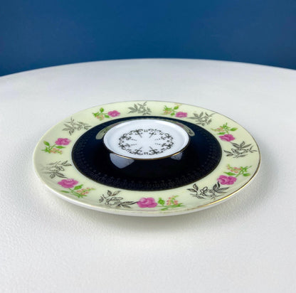 Antique Lefton Black and Gold Tea Cup and Saucer. Hand Painted Rose Motif. Dining Room Decor. Gift for Him or Her. Collectible Porcelain.