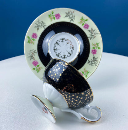 Antique Lefton Black and Gold Tea Cup and Saucer. Hand Painted Rose Motif. Dining Room Decor. Gift for Him or Her. Collectible Porcelain.