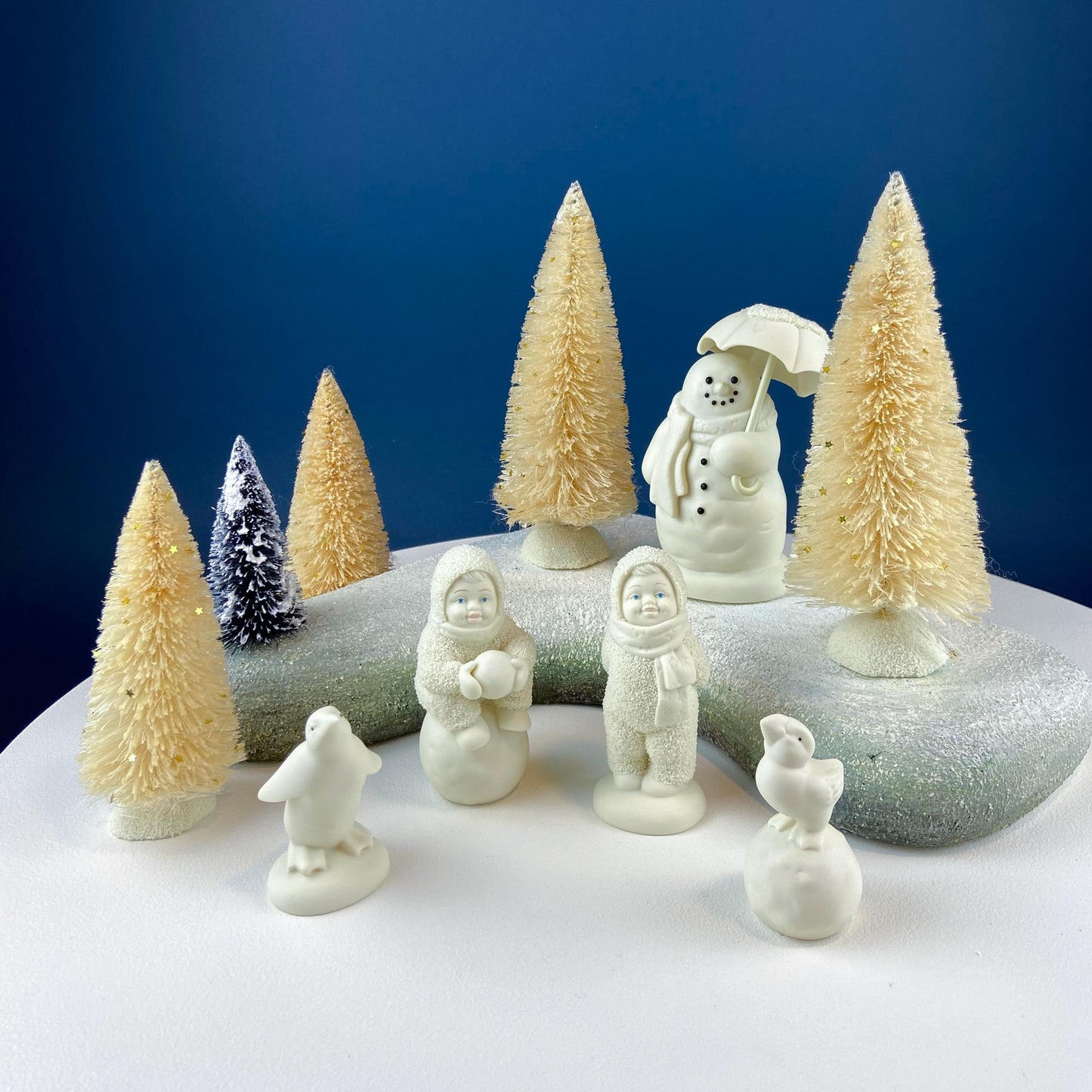 Polar Pals Playing in Snow Under Lit Christmas Tree. 3 White Porcelain Cupid Figurines Celebrating Friendship. Kids Room. Night Light.