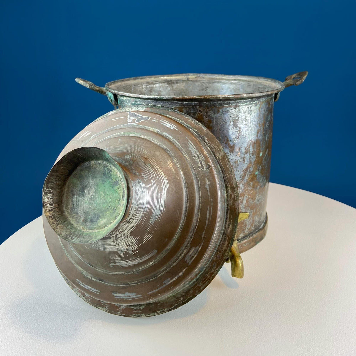Hand Pounded Tin Copper Turkish Beverage Dispenser with Brass Spigot & Handles. Rustic Jug.