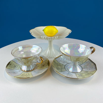 Vintage Pearlescent Tea Cups and Saucers with Light Yellow & Gold Accents. Set of 2 Cups. Slightly Different Silhouettes. Gift for Couple.