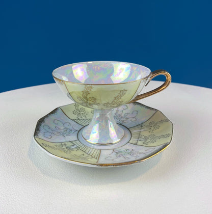 Vintage Pearlescent Tea Cups and Saucers with Light Yellow & Gold Accents. Set of 2 Cups. Slightly Different Silhouettes. Gift for Couple.