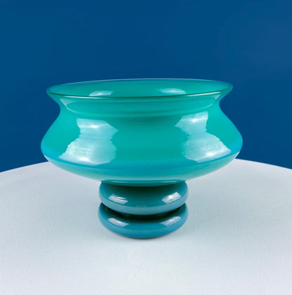 Modern Sky Blue Hand Blown Curvilinear Glass Vase. Beautiful Smooth Opaque Lt. Blue Glass Modern Home Decor. Interior Design Ideas.