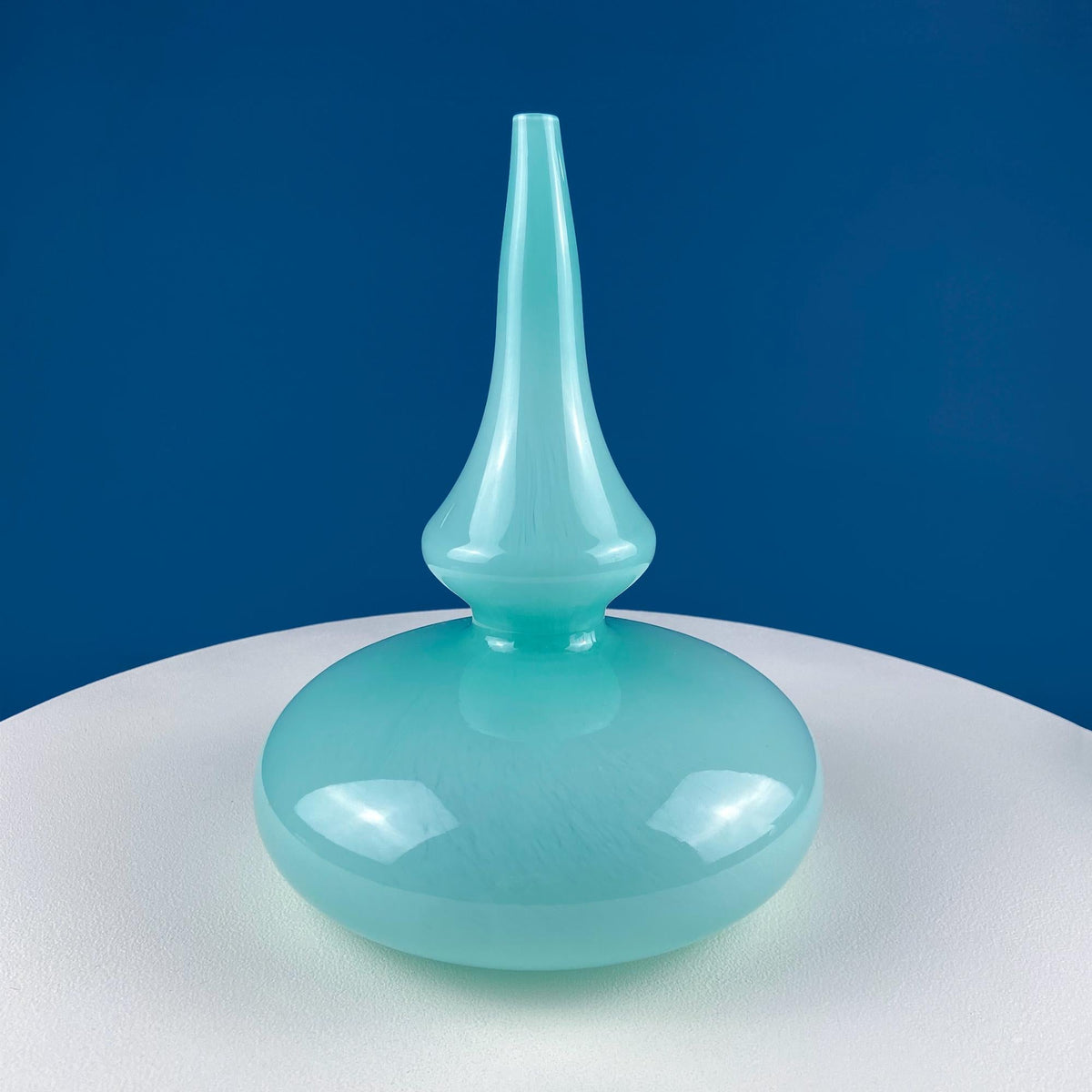 Modern Sky Blue Hand Blown Curvilinear Glass Vase. Beautiful Smooth Opaque Lt. Blue Glass Modern Home Decor. Interior Design Ideas.