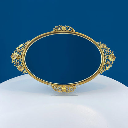Vintage Large Gold Dresser Vanity Mirror Tray. Rich Gilded Metal Tea Rose Oval Frame. Chic Bedroom Bath Perfume Display. Wall Hanging.