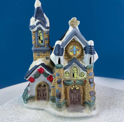 Christmas Village Collection of Small Illuminated Houses. Set of 4 Bldgs: Mill, 2 Churches, Train St., Council Offices, 2 Sheep and 3 Pines.