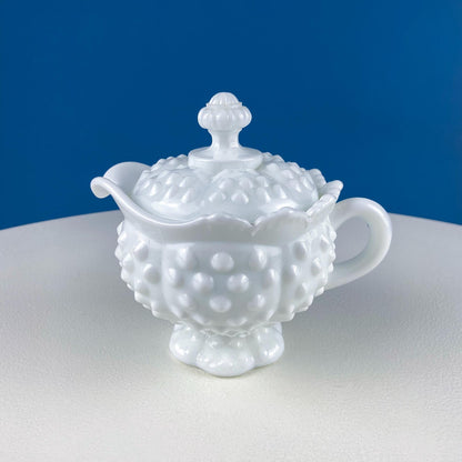 Vintage Fenton Milk Glass Sugar Bowl & Creamer on Matching Tray. White Thumb Print Serving Dishes. Collectible Glass. Dining Room Servware.