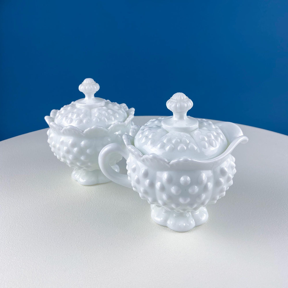 Vintage Fenton Milk Glass Sugar Bowl & Creamer on Matching Tray. White Thumb Print Serving Dishes. Collectible Glass. Dining Room Servware.