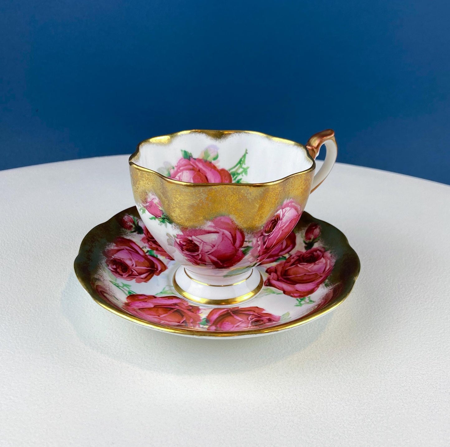 Teacup & Saucer with Large Red Roses and Rich Gold Rim. Queen Anne Fine China. Dining Room Decor. Romantic Gift for Tea Lover, Him or Her.
