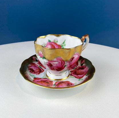 Teacup & Saucer with Large Red Roses and Rich Gold Rim. Queen Anne Fine China. Dining Room Decor. Romantic Gift for Tea Lover, Him or Her.