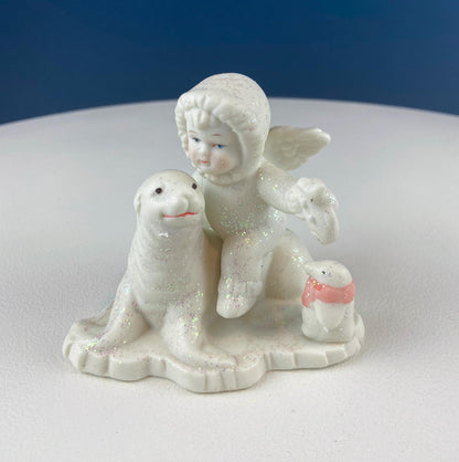Polar Pals Playing in Snow Under Lit Christmas Tree. 3 White Porcelain Cupid Figurines Celebrating Friendship. Kids Room. Night Light.