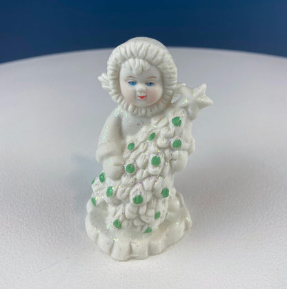 Polar Pals Playing in Snow Under Lit Christmas Tree. 3 White Porcelain Cupid Figurines Celebrating Friendship. Kids Room. Night Light.