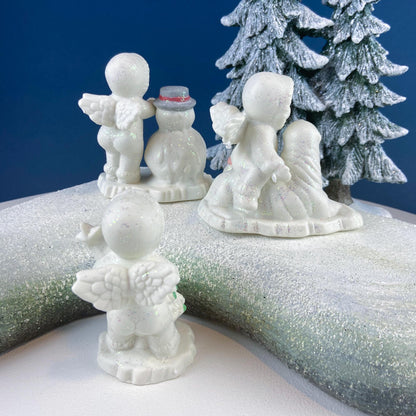 Polar Pals Playing in Snow Under Lit Christmas Tree. 3 White Porcelain Cupid Figurines Celebrating Friendship. Kids Room. Night Light.