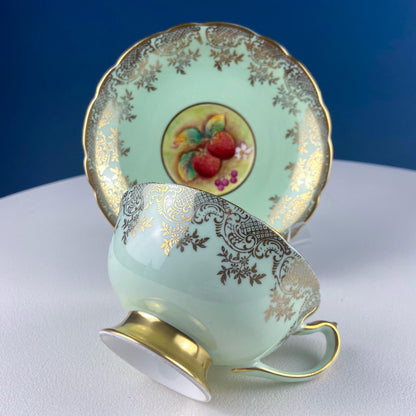 Vintage Mint Green and Gold Tea Cup & Saucer with Fruit Motif. Paragon Fine Bone China. Peaches, Plums, Berries. Gift for Him Her Tea Lover.