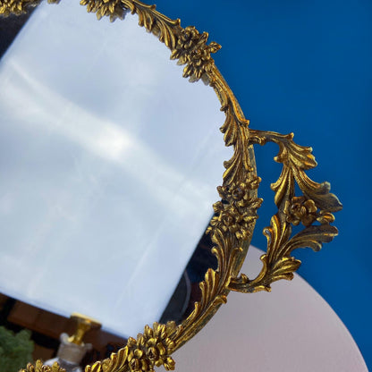 Vintage Large Gold Dresser Vanity Mirror Tray. Rich Gilded Metal Tea Rose Oval Frame. Chic Bedroom Bath Perfume Display. Wall Hanging.
