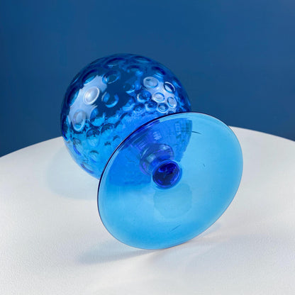 Blue Hand-Blown Glass Footed Vase. Large Goblet with Thumb Print Motif. Collectible Modern Glass. Home or Retail Decor. Interior Design Idea