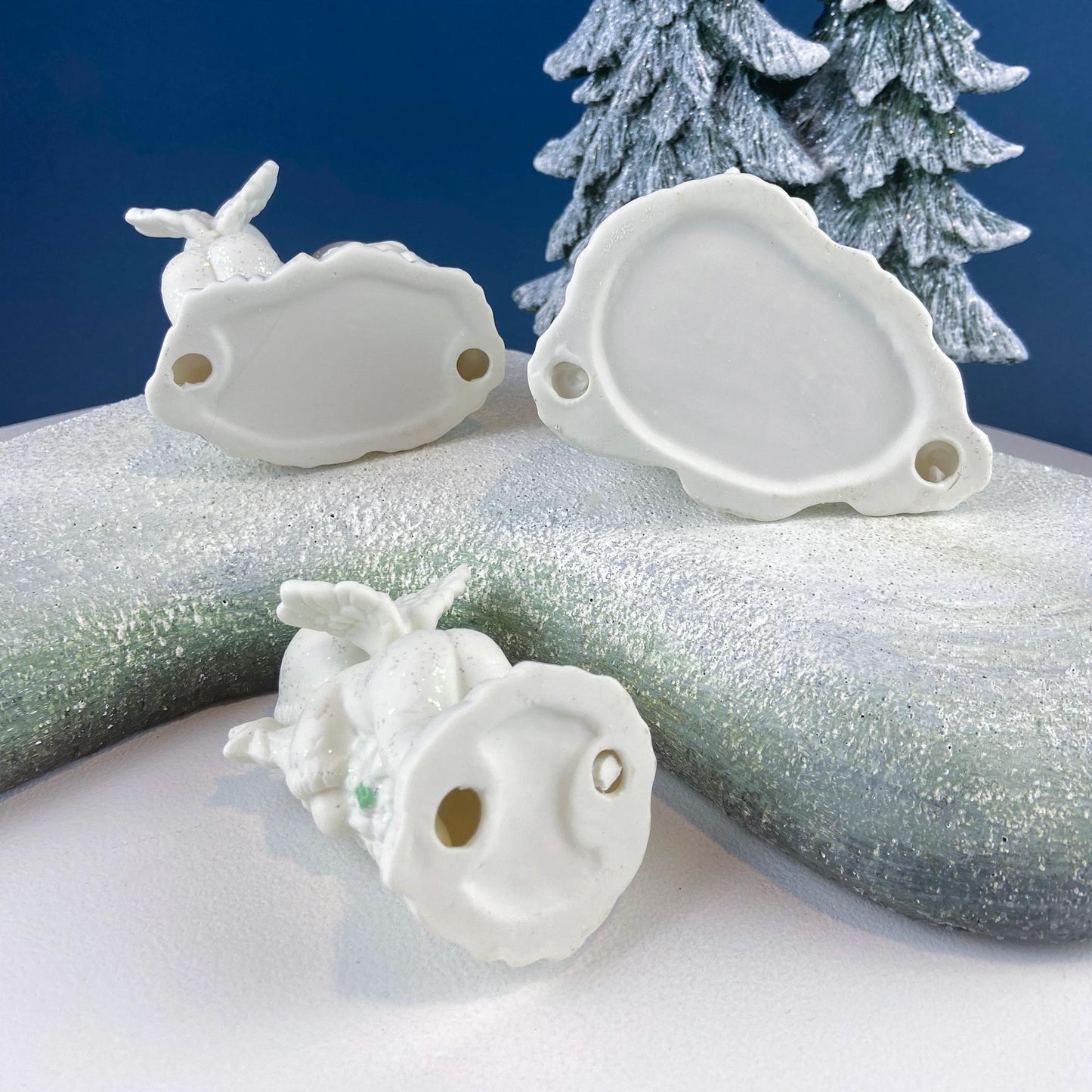 Polar Pals Playing in Snow Under Lit Christmas Tree. 3 White Porcelain Cupid Figurines Celebrating Friendship. Kids Room. Night Light.