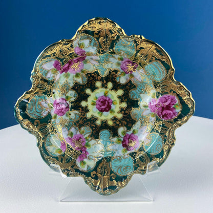 Old Hand Painted Porcelain Serving Bowl or Decorative Victorian Centerpiece with Scalloped Edges. Rich Gold Beaded Framework. Roses Motif.