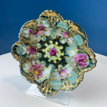 Old Hand Painted Porcelain Serving Bowl or Decorative Victorian Centerpiece with Scalloped Edges. Rich Gold Beaded Framework. Roses Motif.