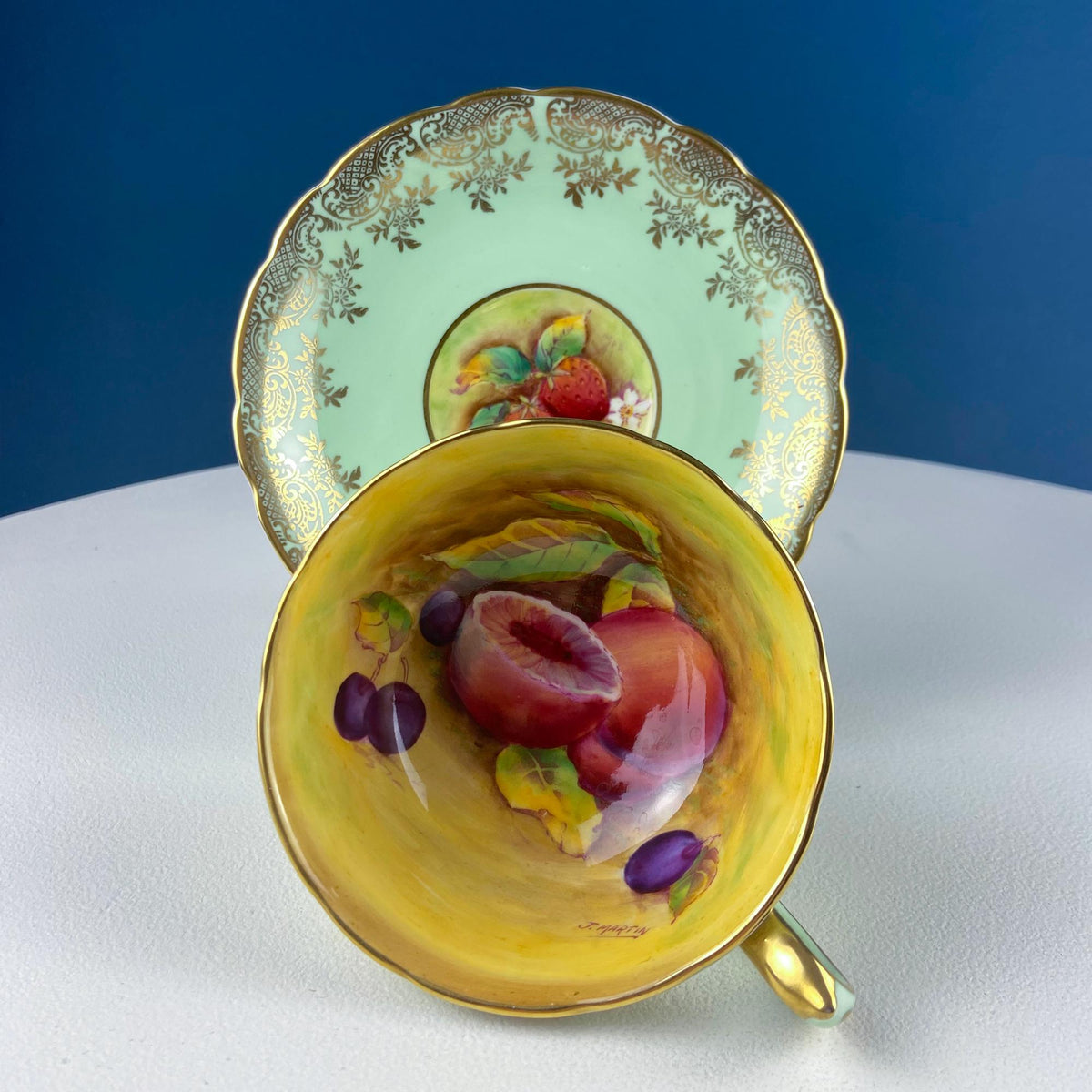 Vintage Mint Green and Gold Tea Cup & Saucer with Fruit Motif. Paragon Fine Bone China. Peaches, Plums, Berries. Gift for Him Her Tea Lover.