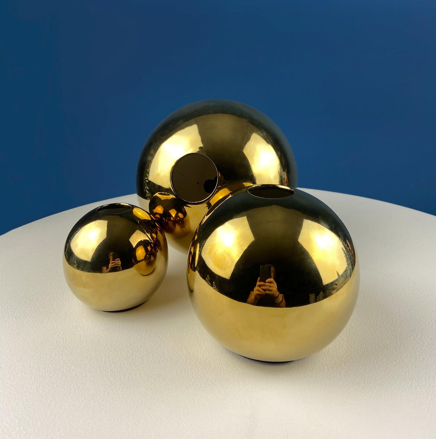Gold Ceramic Globe Vases. Set of 3 Christmas Ornament Like Flower Vases. Seasonal or Everyday Table Decor. Florist or Interior Design Ideas