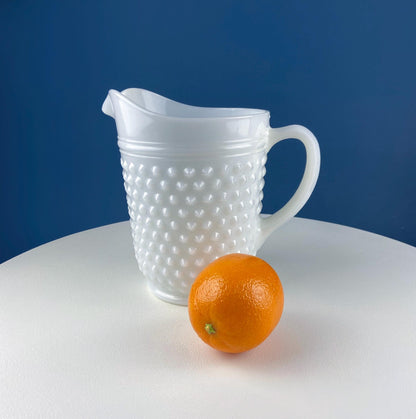 Large Milk Glass Pitcher with Hobnail Pattern and 3 Matching Tall Glasses. Juice Punch Milk Water Jug. Dining Room Decor. Lemonade Stand.