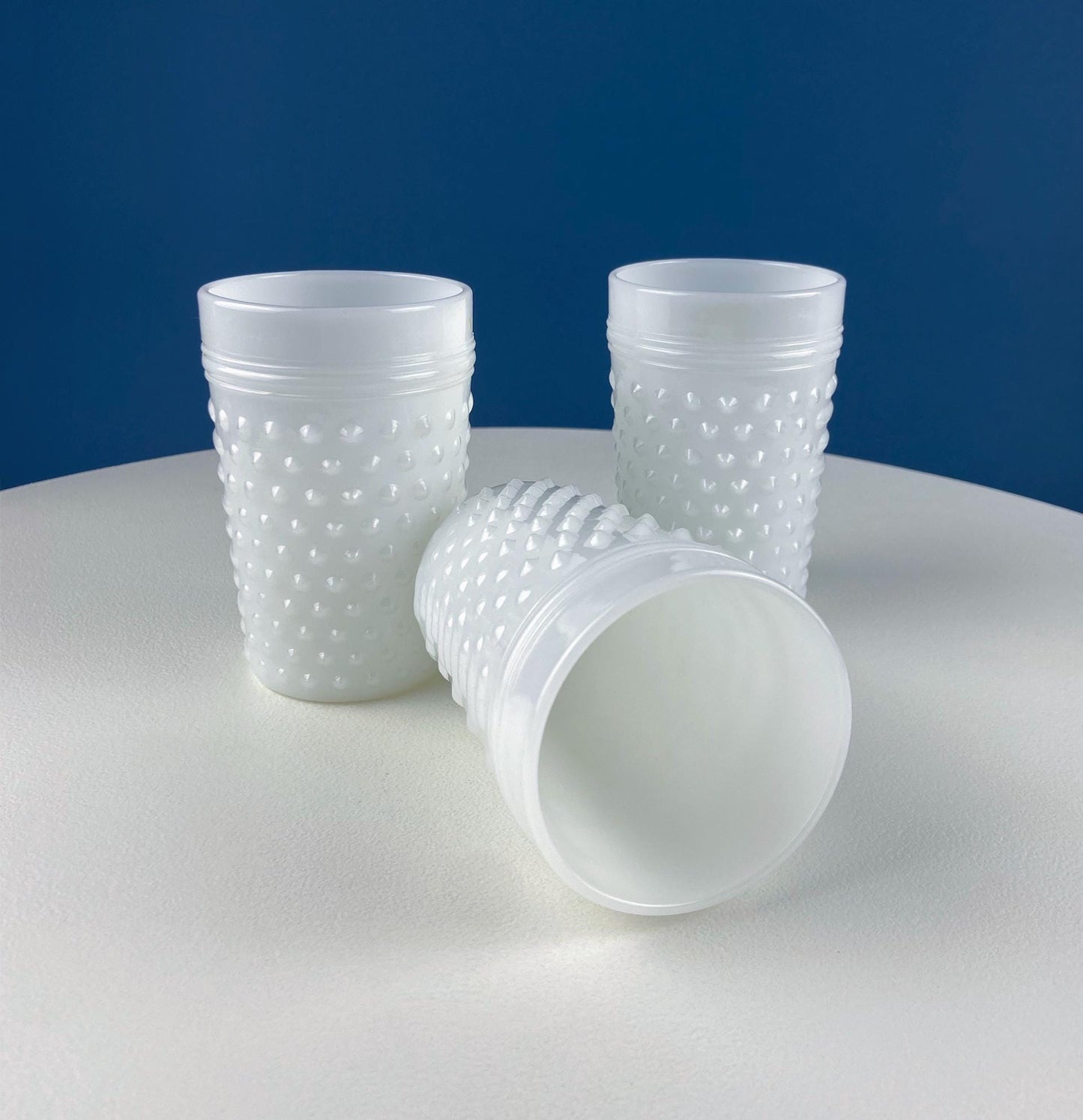 Large Milk Glass Pitcher with Hobnail Pattern and 3 Matching Tall Glasses. Juice Punch Milk Water Jug. Dining Room Decor. Lemonade Stand.