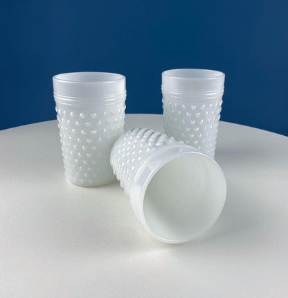Large Milk Glass Pitcher with Hobnail Pattern and 3 Matching Tall Glasses. Juice Punch Milk Water Jug. Dining Room Decor. Lemonade Stand.