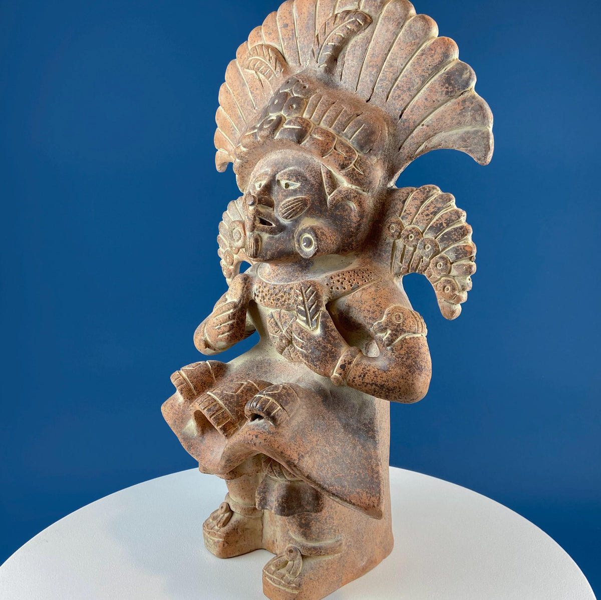 Large Pre-Columbian Style Figurative Urn Vessel Vase Pottery. Red Clay Aztec Warrior. Zapotec Art. Ethnic Home Decor. Gift for Art Collector