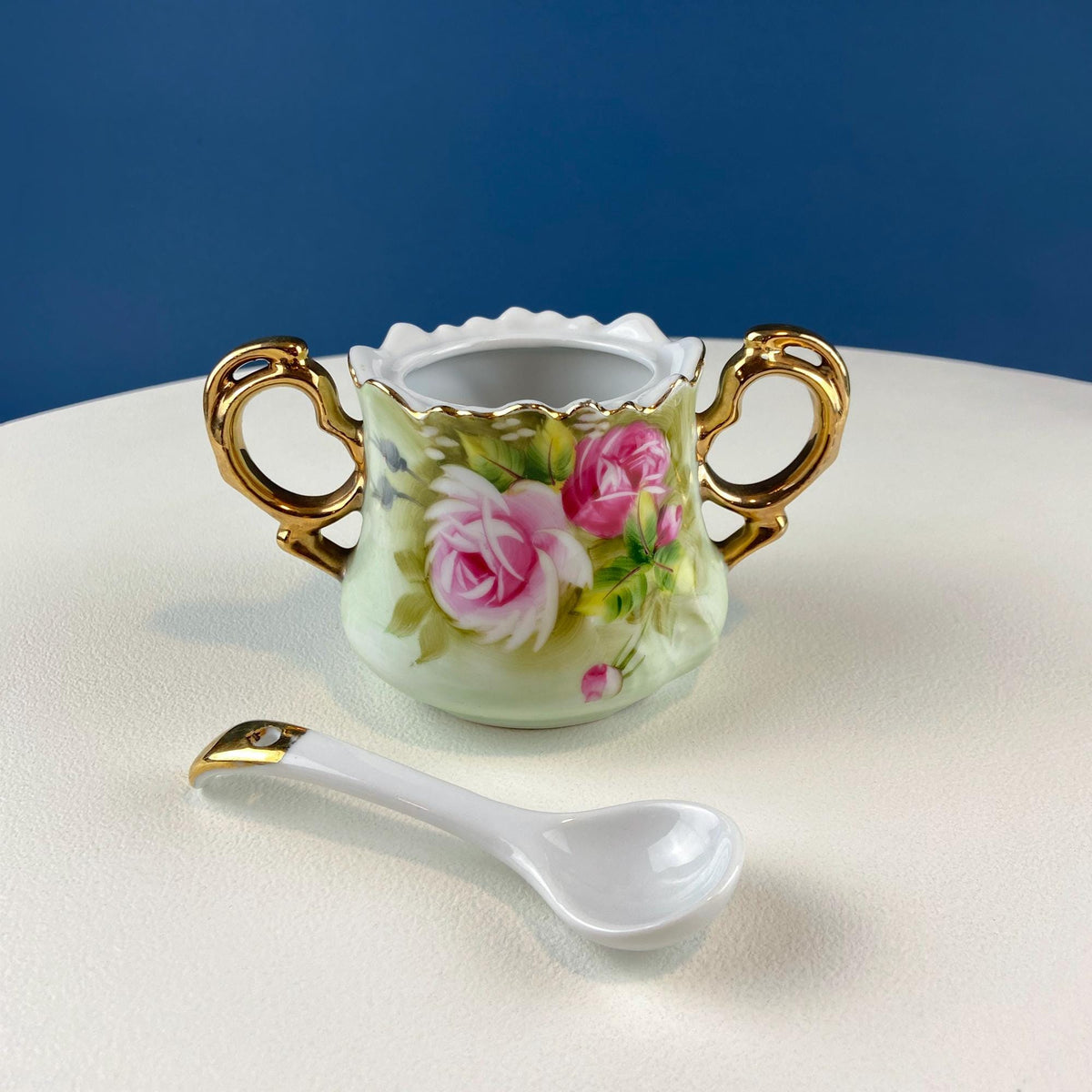 Lefton Hand Painted Tea Set. Cup Saucer Creamer Sugar Jar with Spoon. Roses Motif. Dining Room Table Decor. Tea Garden Party. Gift for Her.