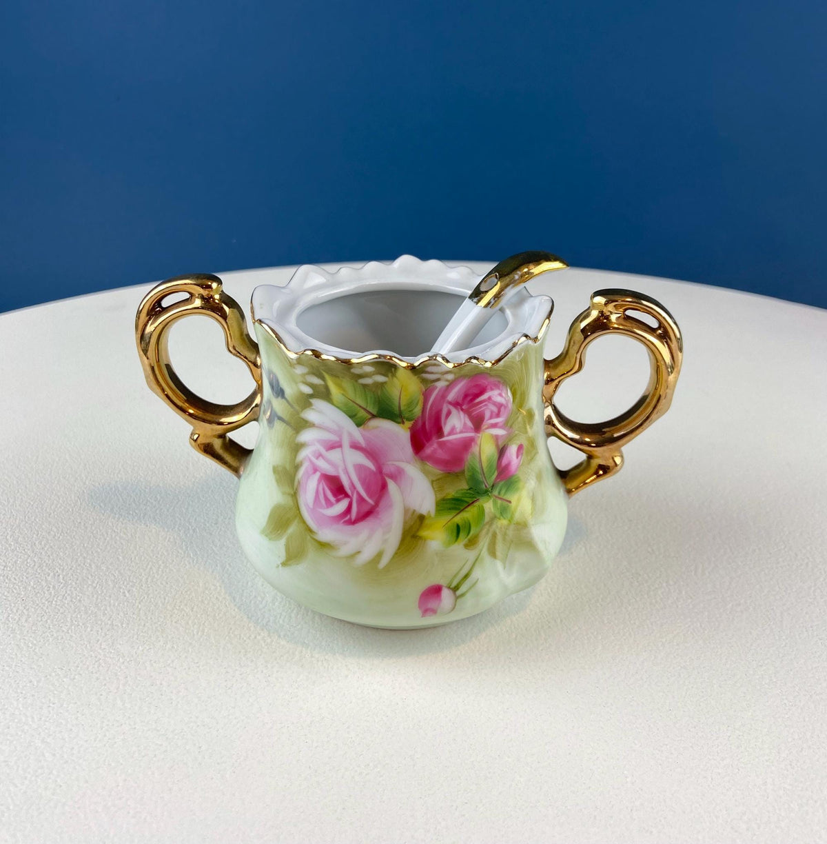 Lefton Hand Painted Tea Set. Cup Saucer Creamer Sugar Jar with Spoon. Roses Motif. Dining Room Table Decor. Tea Garden Party. Gift for Her.
