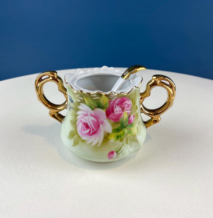 Lefton Hand Painted Tea Set. Cup Saucer Creamer Sugar Jar with Spoon. Roses Motif. Dining Room Table Decor. Tea Garden Party. Gift for Her.