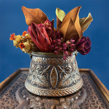 Antique Hand Pounded Copper & Tin Pail Storage Container or Vase with Lid and Brass Handle. Embossed Floral Folk Motif. Ethnic Home Decor.