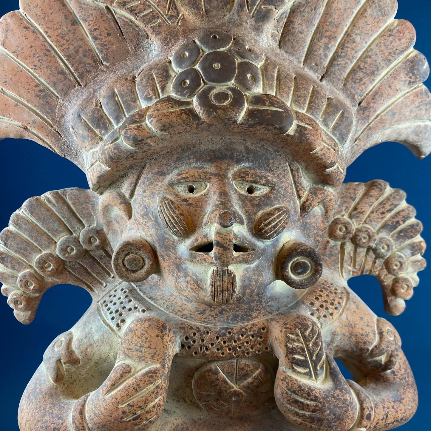Large Pre-Columbian Style Figurative Urn Vessel Vase Pottery. Red Clay Aztec Warrior. Zapotec Art. Ethnic Home Decor. Gift for Art Collector