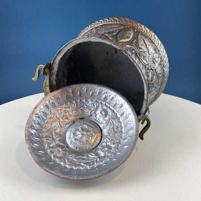 Antique Hand Pounded Copper & Tin Pail Storage Container or Vase with Lid and Brass Handle. Embossed Floral Folk Motif. Ethnic Home Decor.