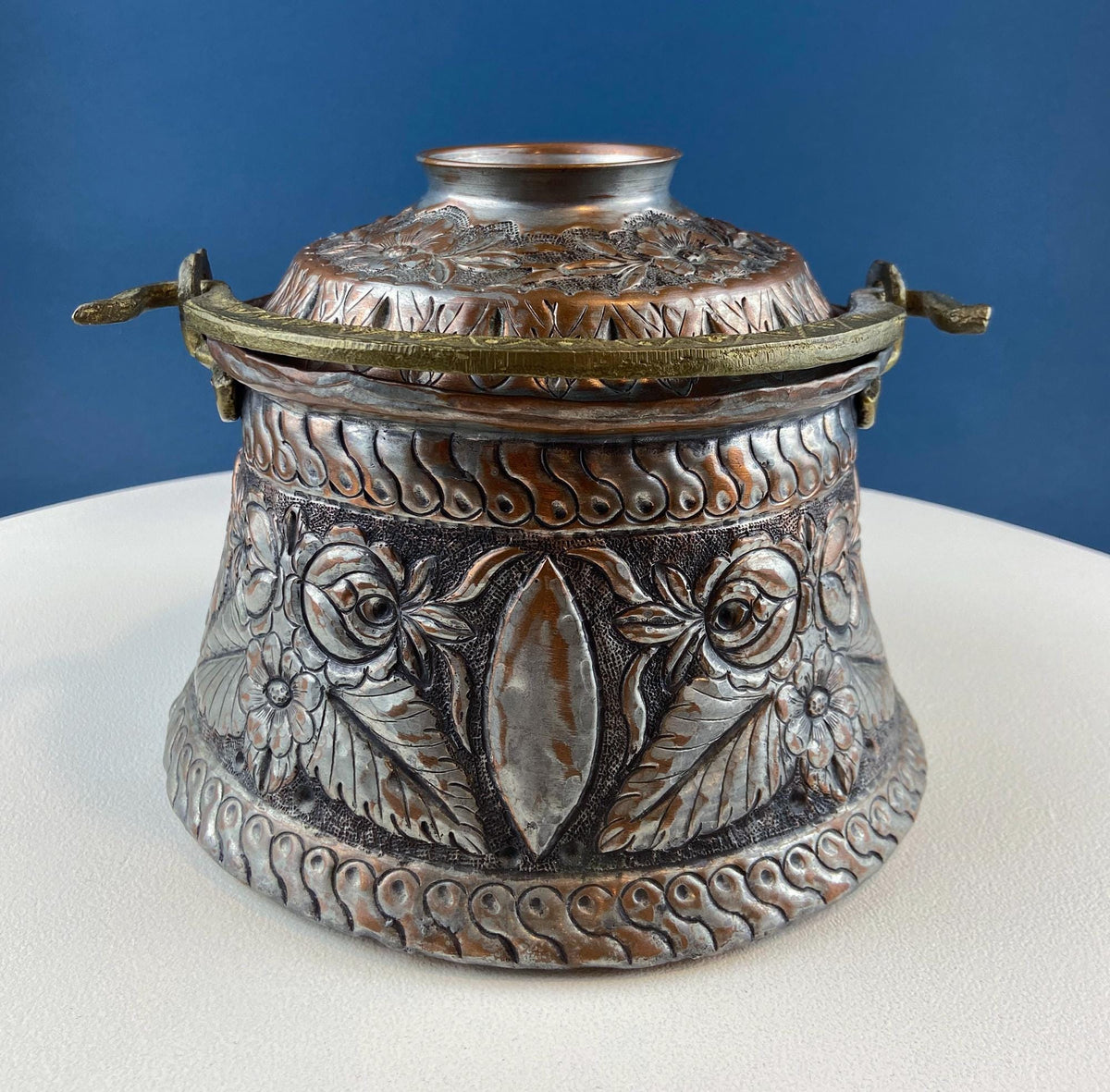 Antique Hand Pounded Copper & Tin Pail Storage Container or Vase with Lid and Brass Handle. Embossed Floral Folk Motif. Ethnic Home Decor.