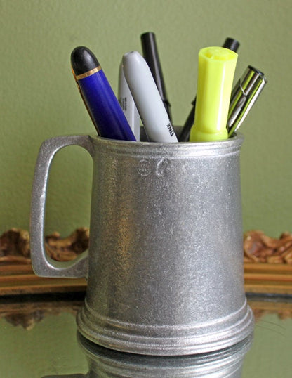 English Pewter Beer Mug with Embossed Medallion. Beer Jug Made with Pewter