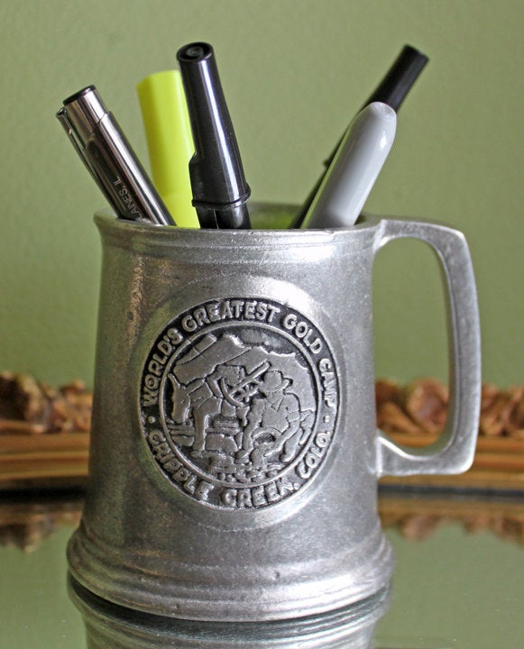 English Pewter Beer Mug with Embossed Medallion. Beer Jug Made with Pewter