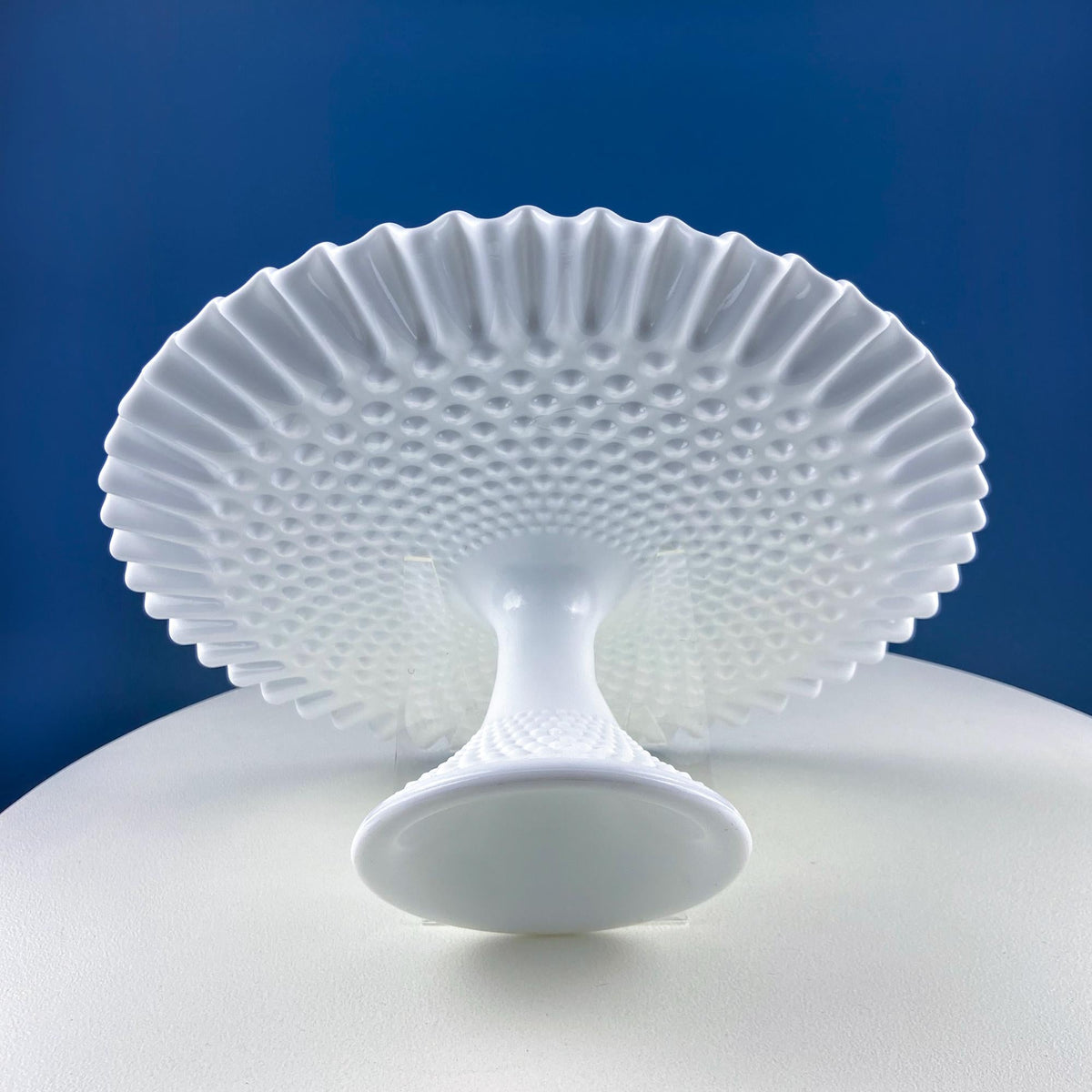 Vintage Thumb Print Milk Glass Cake Stand. White 12" Cake Serving Platter with Ruffled Edge. Wedding Birthday Holiday Celebration.