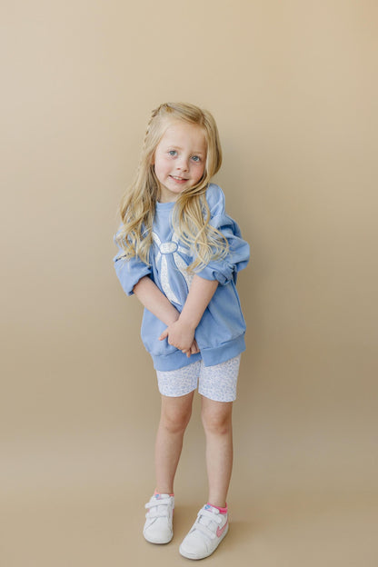 Blue Toile Applique Bow: Baby Sweatshirt Romper or Crewneck