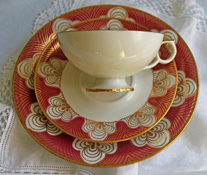 Antique Elgenbein Bavarian Porcelain Cup, Saucer, and Plate, Gold Floral