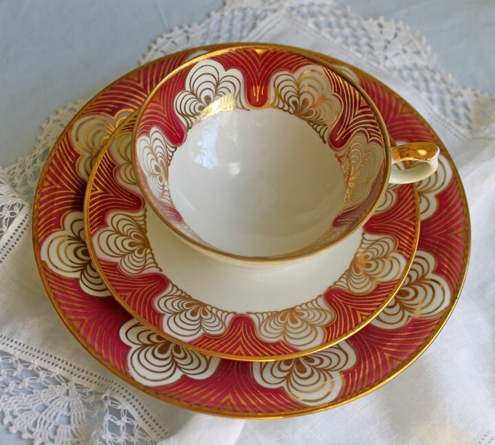 Antique Elgenbein Bavarian Porcelain Cup, Saucer, and Plate, Gold Floral