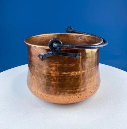Antique Hand-Hammered Brass Bucket with Wrought Iron Handle: Rustic Farmhouse Decor