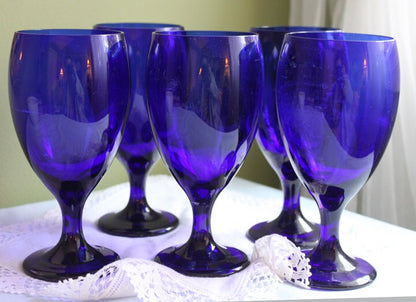 Cobalt Blue Glass Water Goblets. Set of Eight Contemporary Style Stemware. Dark Blue Modern Glassware. Fine Dining.