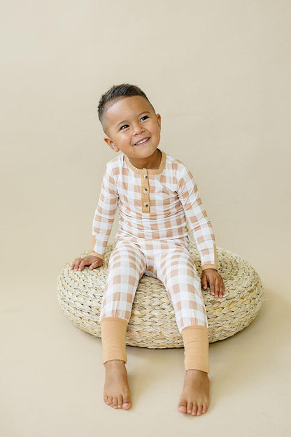 Golden Gingham 2pc Henley Bamboo Pajamas - Fall & Halloween Soft Baby PJs