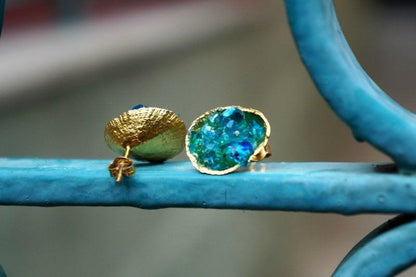 Sea Shell Silver Stud Earrings with Turquoise Murano Glass, Handmade Minimalist Jewelry, Organic Nature Studs, Gift for Protection & Prosperity, Gold or Sterling Silver 925