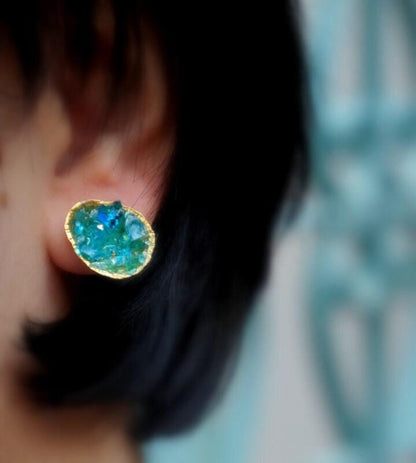 Sea Shell Silver Stud Earrings with Turquoise Murano Glass, Handmade Minimalist Jewelry, Organic Nature Studs, Gift for Protection & Prosperity, Gold or Sterling Silver 925